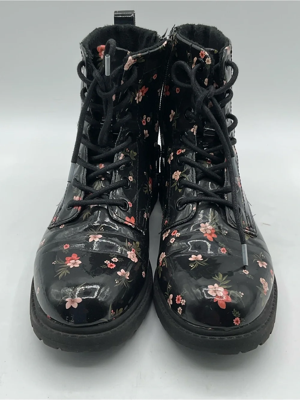 H&M Floral Patent Combat Boots Size 4 Black Lace Up Side Zip
